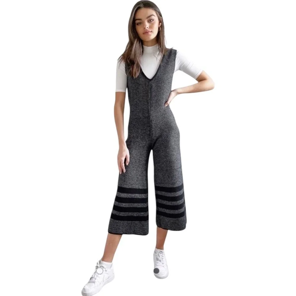 Native Youth Retrograde Wide Leg Culotte Jumpsuit Grey/Black Size S Boho Artsy